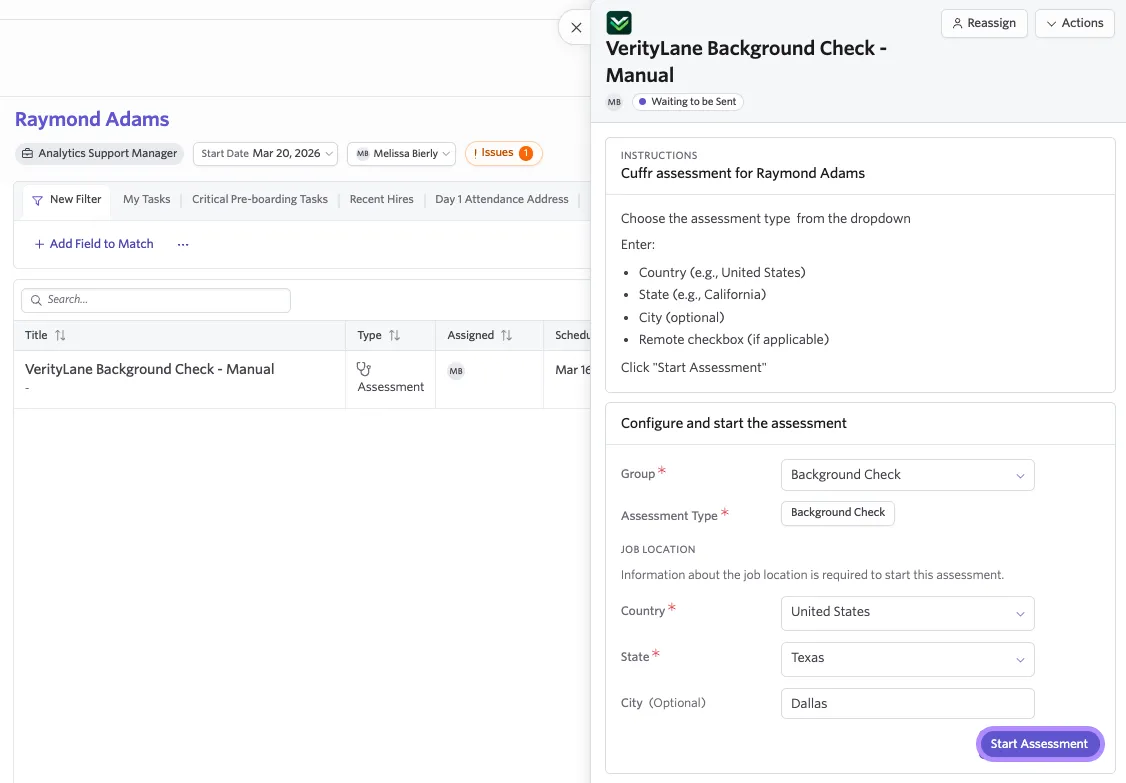 Screenshot showing a manual assessment integration workflow task as it appears to the assignee