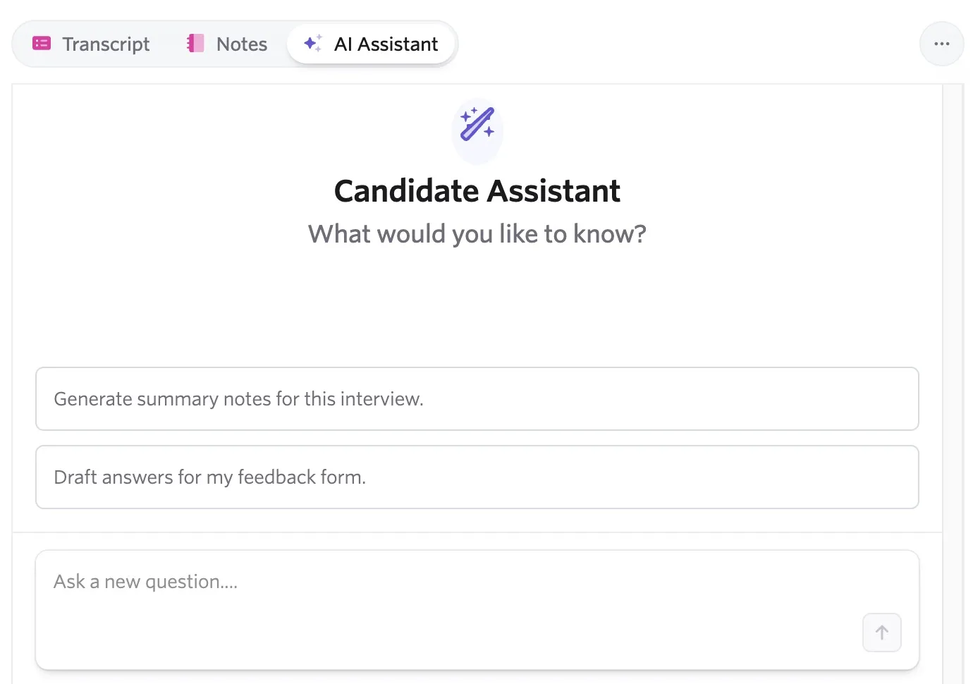 Screenshot of the AI Assistant tab in the interview briefing showing the candidate assistant interface.
