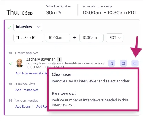 Points out the trach can icon next to the interviewer to update and highlights the available update options including Clear user and Remove slot