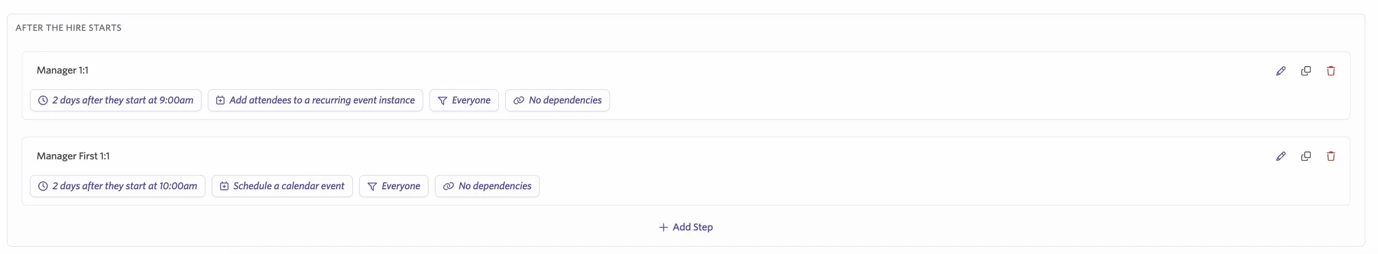 A workflow showing an Add attendees to a recurring event instance step scheduled to run 2 days after they start at 9:00 AM, followed by a Schedule a calendar event step scheduled to run 2 days they start at 10:00 AM.