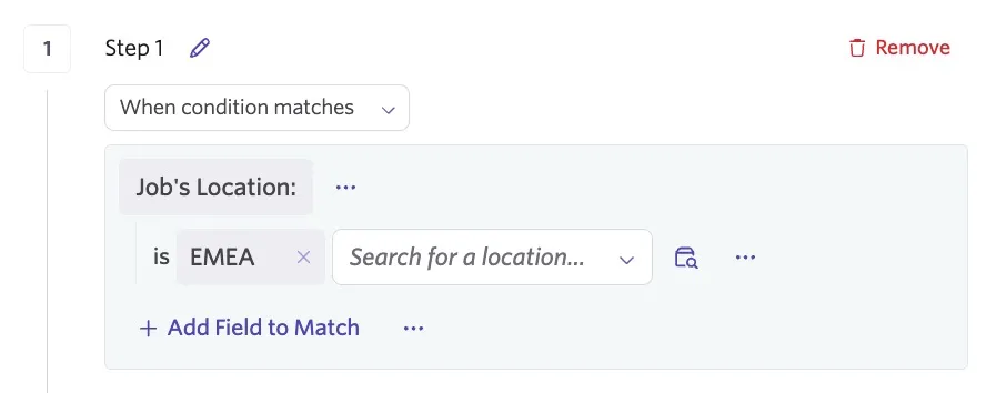 The screenshot shows a step of an approval process that will only run if the job's location is set as EMEA. The screenshot shows a step of an approval process that will only run if the job's location is set as EMEA.