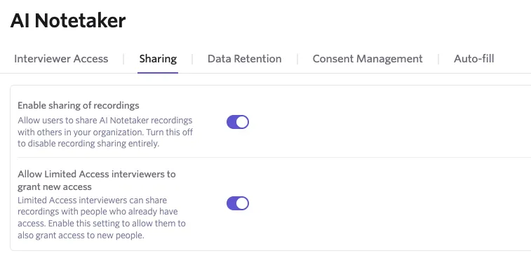 Shows AI Notetaker sharing admin settings