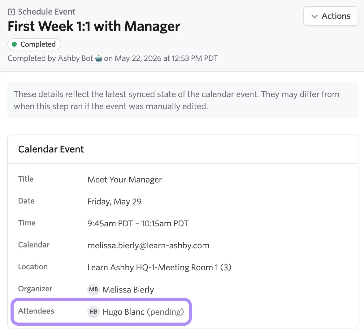The schedule event in Ashby People Ops with a pending attendee highlighted.
