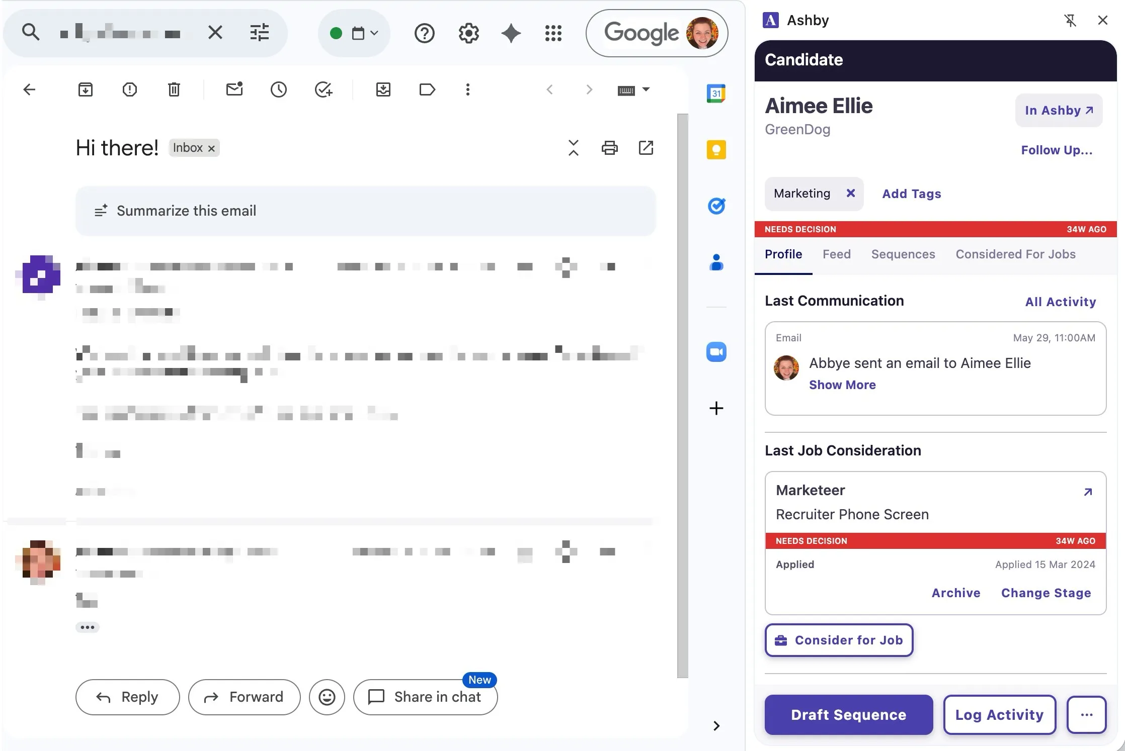 Screenshot of the Ashby Chrome extension displayed alongside a Gmail conversation with a candidate Screenshot of the Ashby Chrome extension displayed alongside a Gmail conversation with a candidate