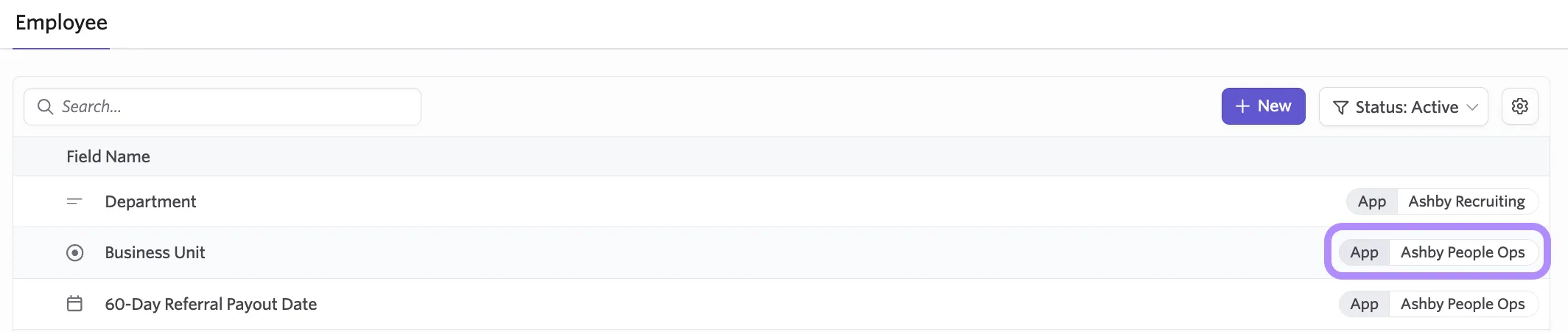 Admin Custom Fields list with a sensitive field tagged App: Ashby People Ops. Admin Custom Fields list with a sensitive field tagged App: Ashby People Ops.