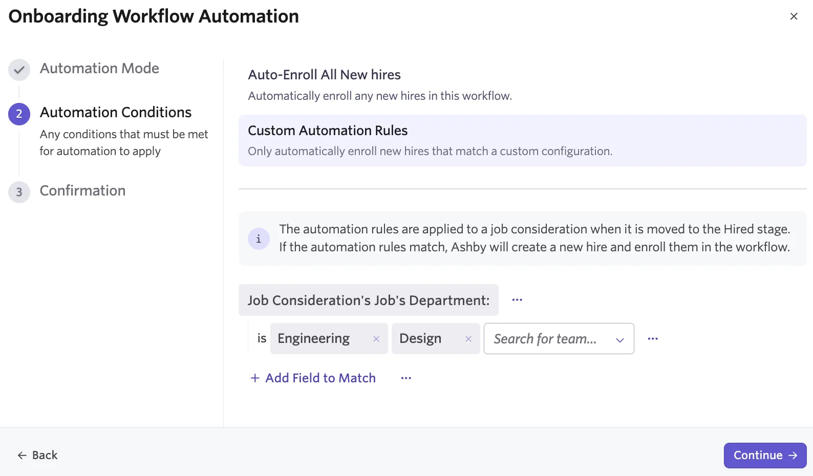 Screenshot of the automation conditions panel showing Custom Automation Rules with configurable condition fields
