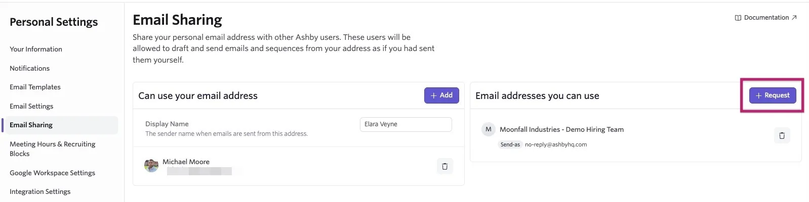 Email Sharing settings with the Request button highlighted for requesting access to send emails from another shared email address. Email Sharing settings with the Request button highlighted for requesting access to send emails from another shared email address.