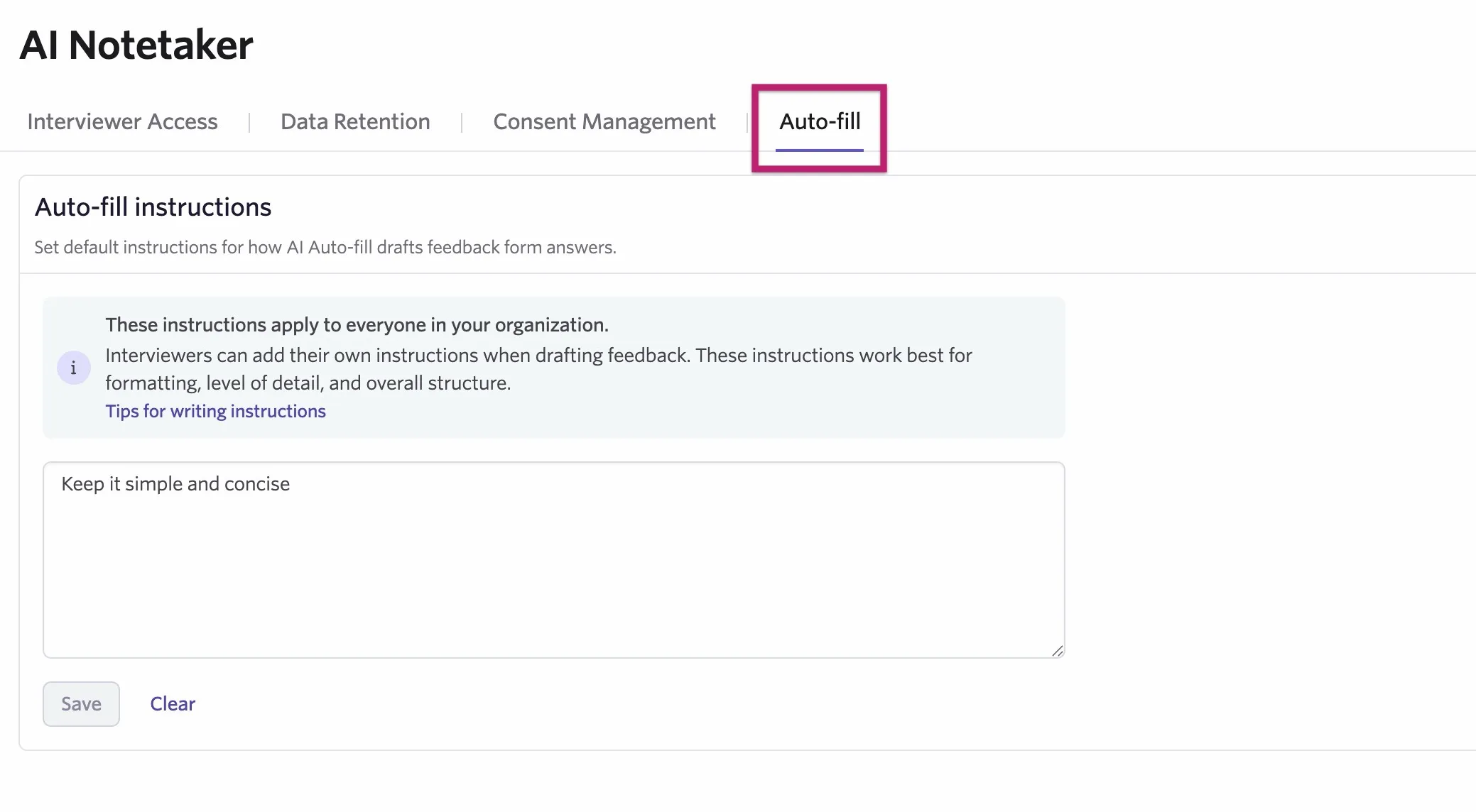 The Auto-fill tab within the AI Notetaker section of Admin