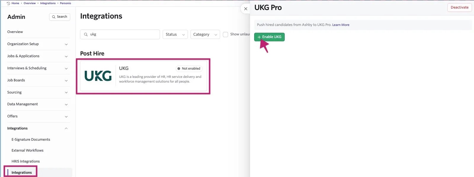 Ashby Admin Integrations page showing the UKG Pro integration, with the UKG integration selected and an arrow pointing to the “Enable UKG” button.