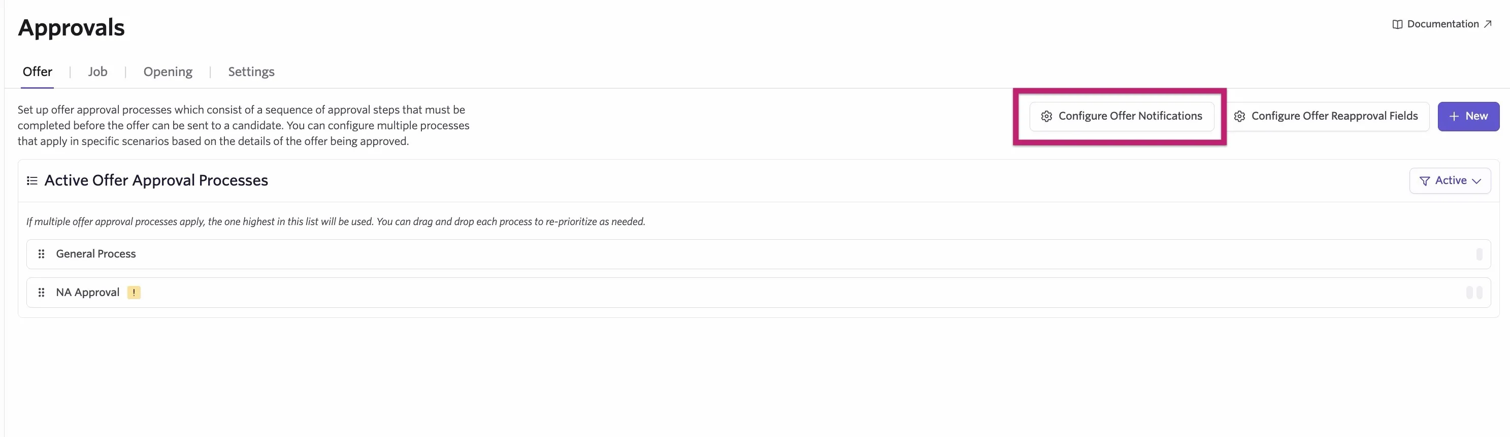 Screenshot of the Approvals admin page with the Configure Offer Notifications button highlighted.