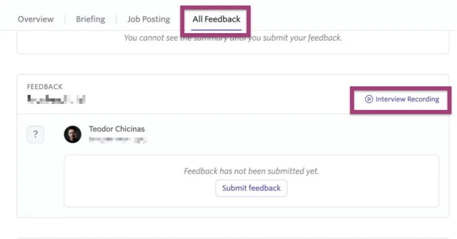 Screenshot of the All Feedback tab in a debrief showing an Interview Recording link on a feedback entry.