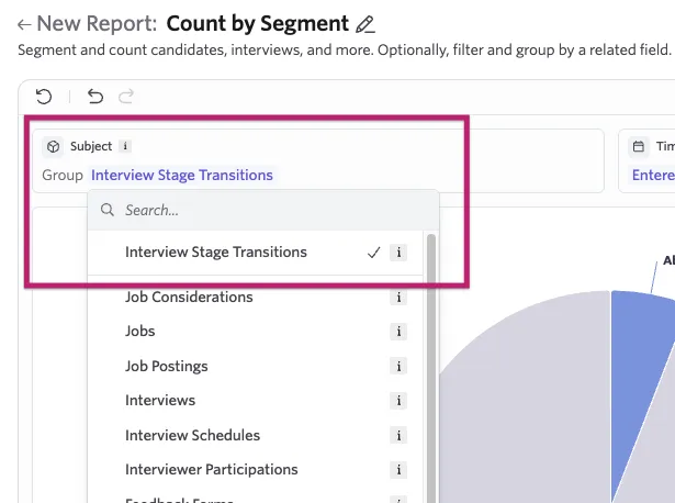Screenshot showing Interview Stage Transitions selected as a new report's subject. Screenshot showing Interview Stage Transitions selected as a new report's subject.