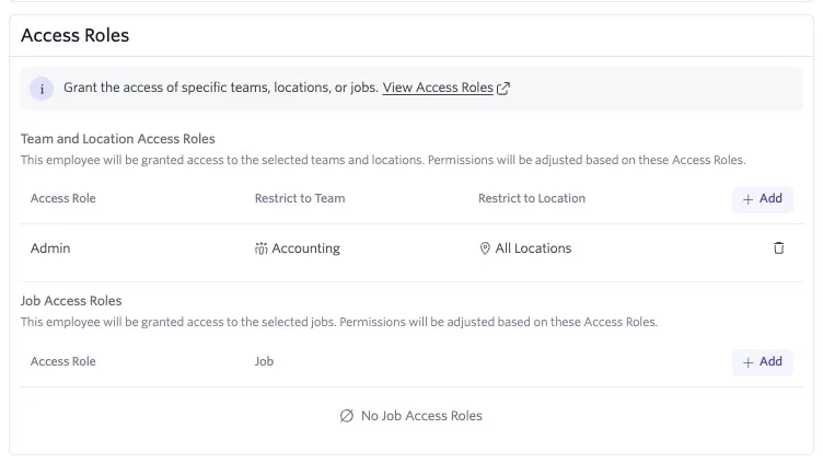 Ashby Access Roles settings showing Admin access restricted to the Accounting team across all locations, with no Job Access Roles assigned.