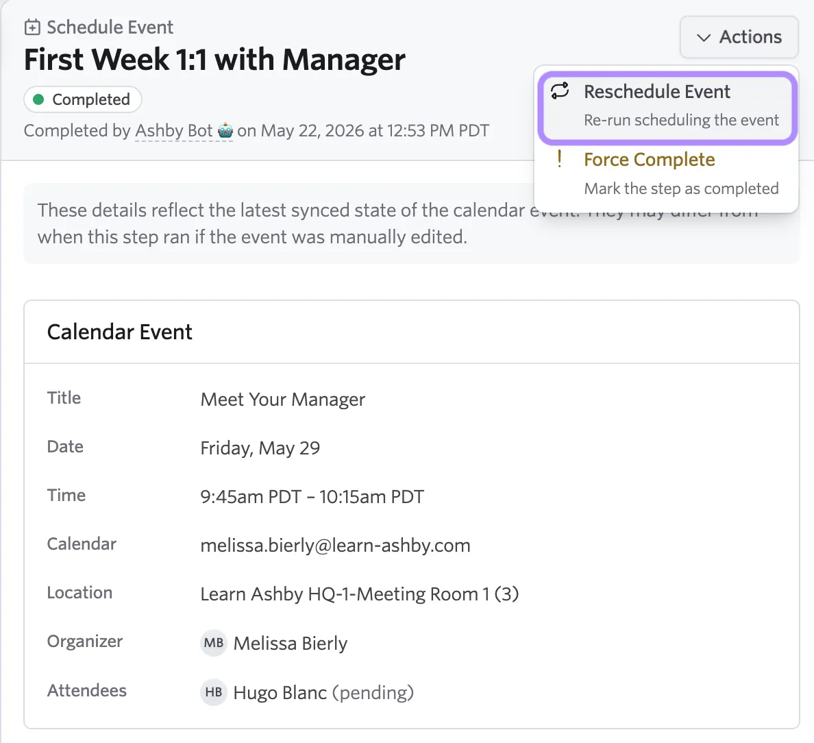 The screenshot shows a successfully scheduled event, with the option to Reschedule Event highlighted.