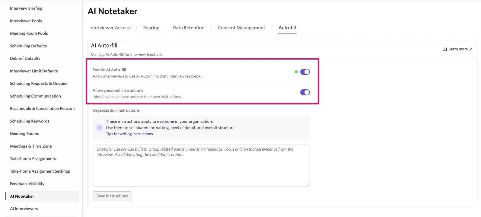 Ashby AI Notetaker Auto-fill settings page with Enable AI Auto-fill and Allow personal instructions toggled on.