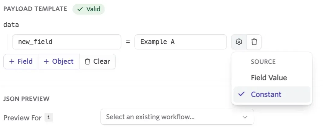 The screenshot shows a field with the Source menu open with the value set to Constant.