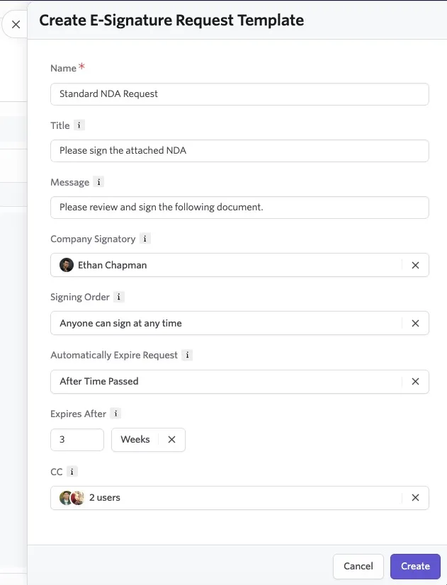 Image showing the E-Signature Request Template details pane.