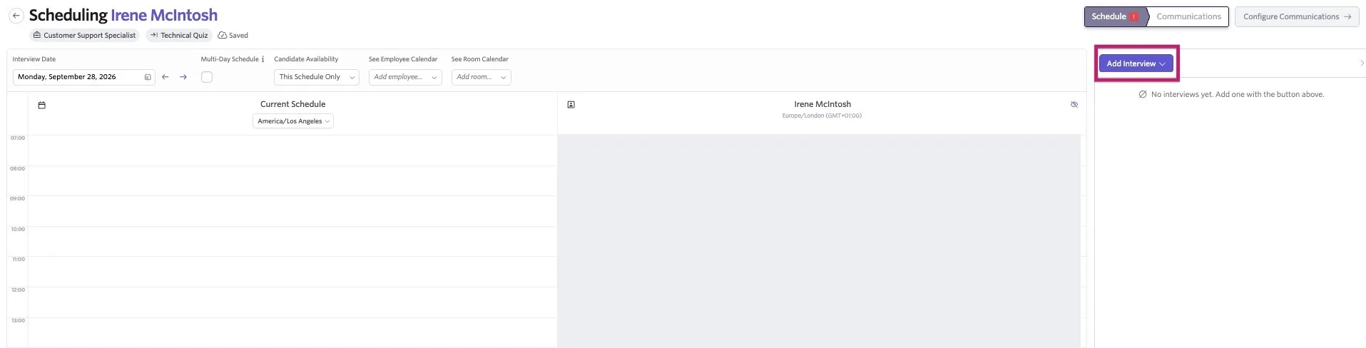 The screenshot shows the Manual Scheduling calendar with the Add Interview option highlighted. The screenshot shows the Manual Scheduling calendar with the Add Interview option highlighted.