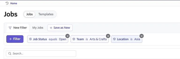 The screenshot shows basic filtering criteria applied to the jobs list, and the X that appears to remove the criteria when you hover over it.