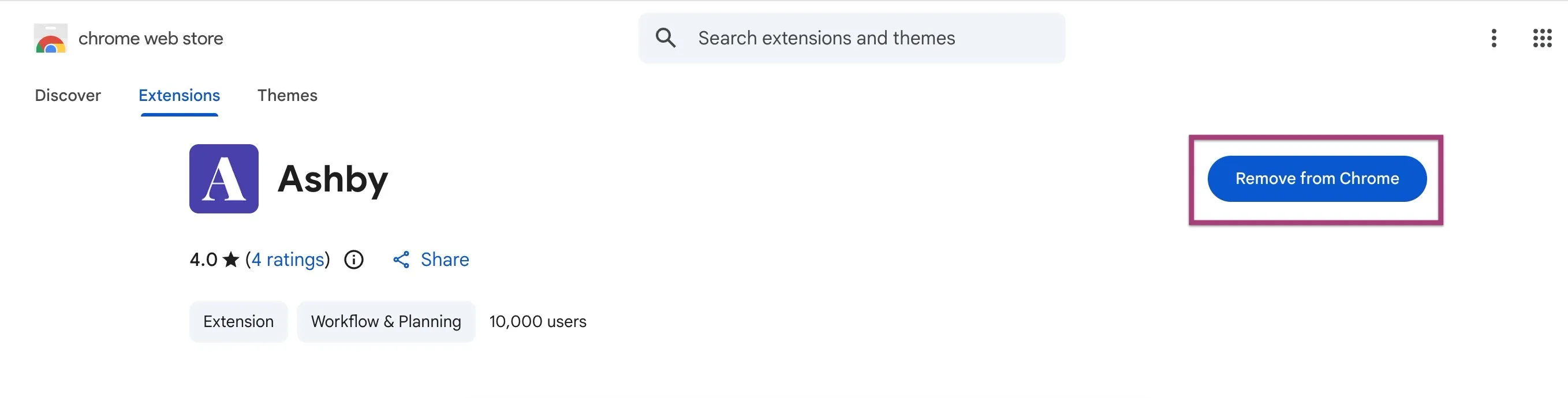 Screenshot of the Ashby extension page in the Chrome Web Store showing the Remove from Chrome button Screenshot of the Ashby extension page in the Chrome Web Store showing the Remove from Chrome button