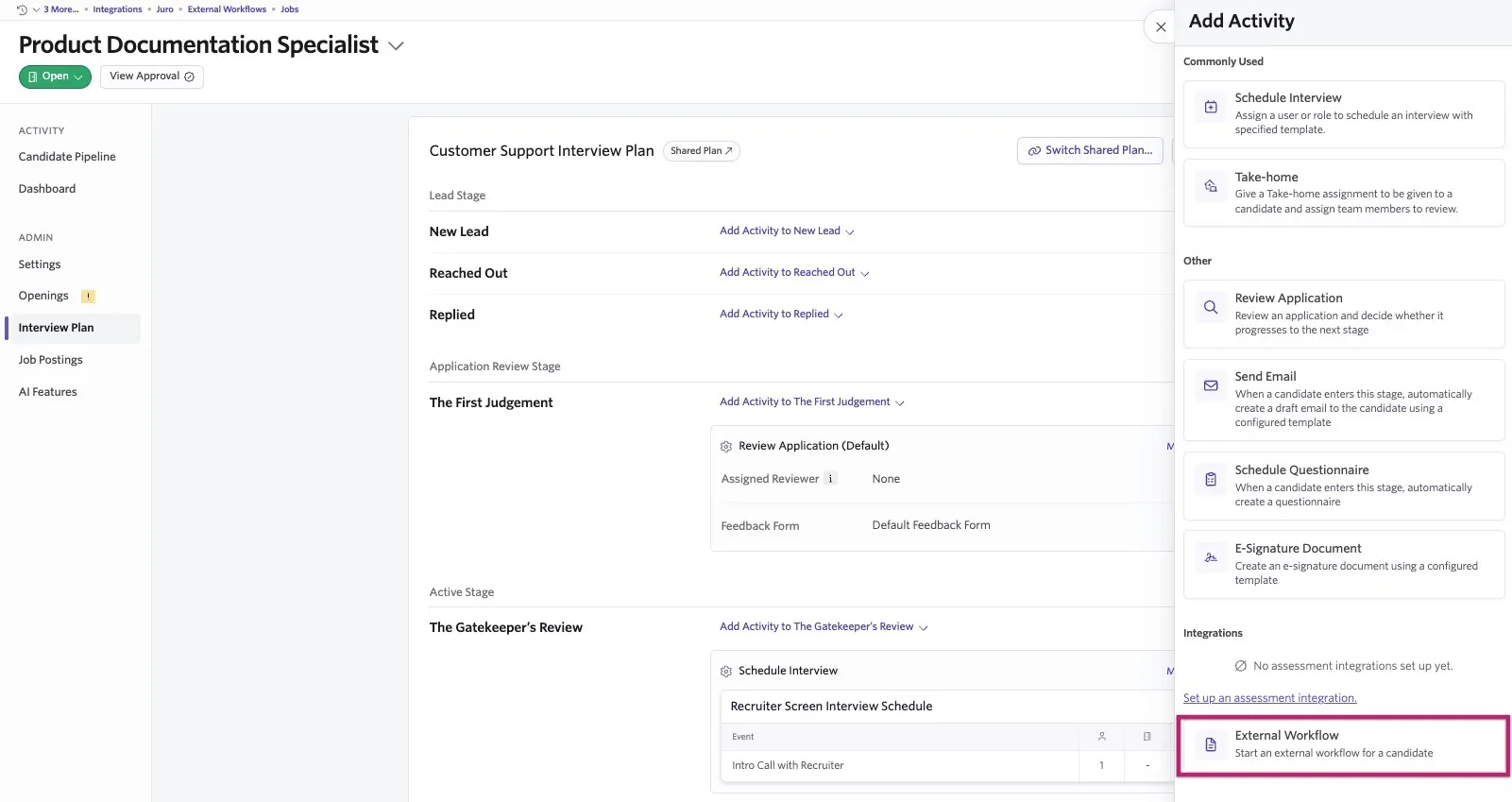 Ashby job Interview Plan with the Add Activity panel open and the “External Workflow” option highlighted under Integrations.