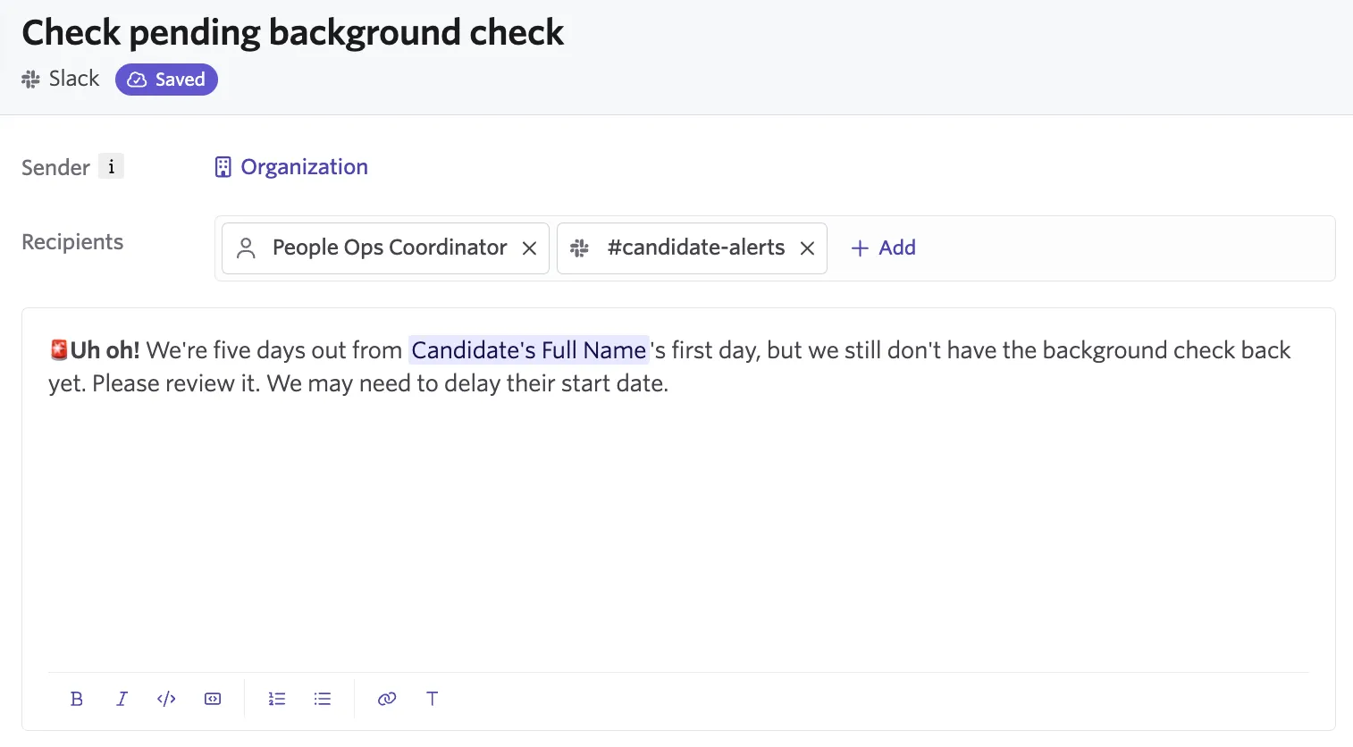 Screenshot of the Slack step configuration panel.
