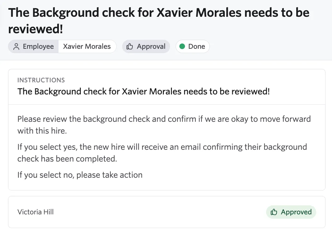 Screenshot of an approval task in People Ops showing the request details and the Approve and Reject buttons Screenshot of an approval task in People Ops showing the request details and the Approve and Reject buttons