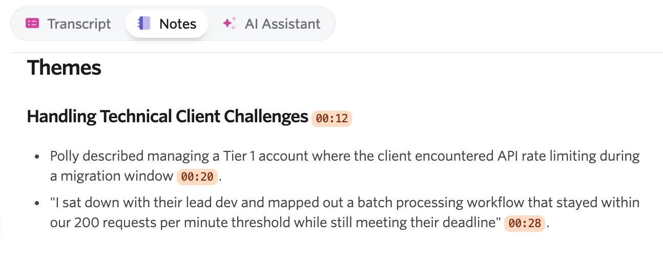 Screenshot of the Notes tab in the interview briefing showing an interview summary and themed notes with timestamps.