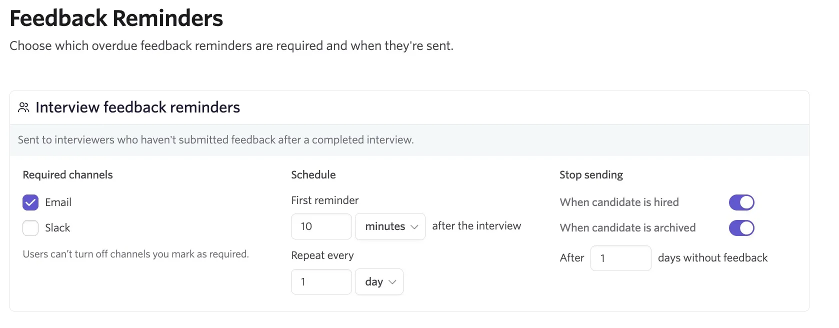 The screenshot shows the interview feedback reminders settings on the Feedback Reminders page. The screenshot shows the interview feedback reminders settings on the Feedback Reminders page.