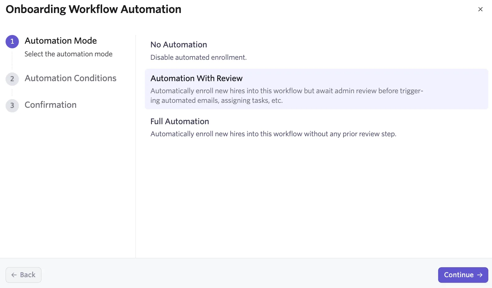 Screenshot of the Onboarding Workflow Automation setup wizard with Automation With Review selected