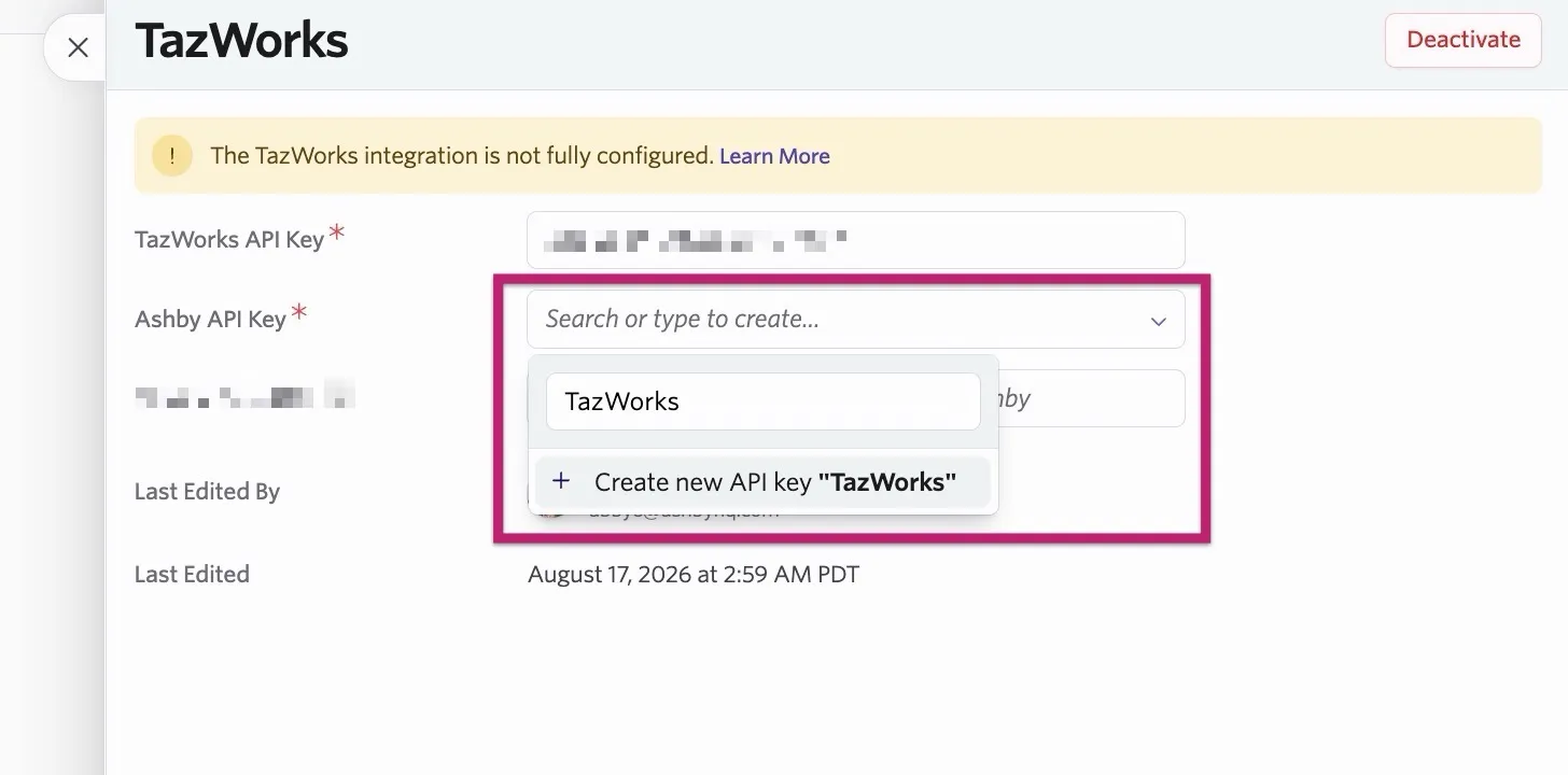 Creating a new Ashby API key within the TazWorks integration settings. Creating a new Ashby API key within the TazWorks integration settings.