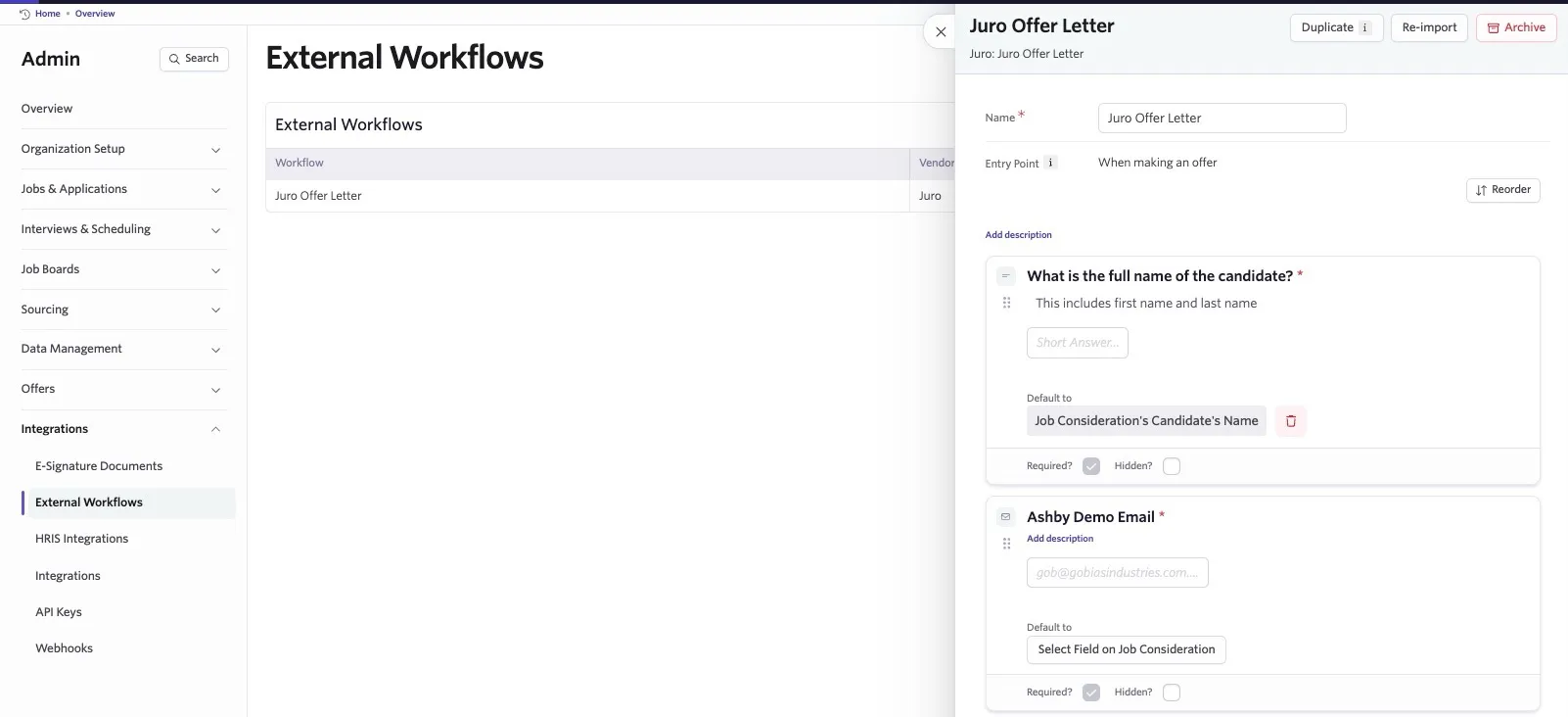 Ashby External Workflows settings showing the Juro Offer Letter workflow configured to run when making an offer, with required candidate name and email fields.