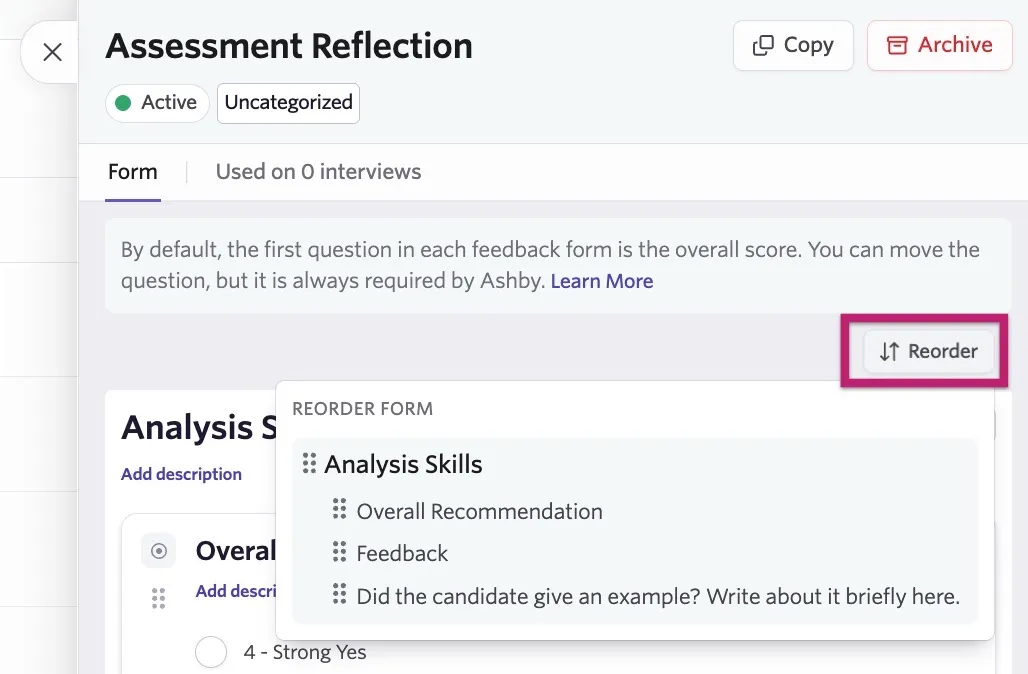 The screenshot shows a feedback form with the Reorder option highlighted and open. The screenshot shows a feedback form with the Reorder option highlighted and open.