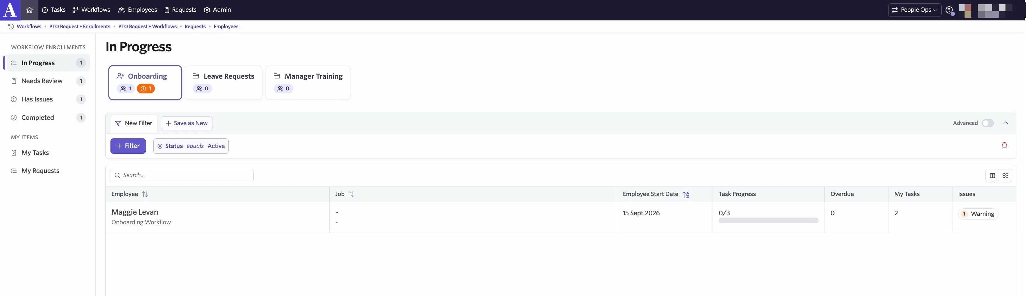 The home page showing all workflow categories. The left-hand menu lists enrollments by status and also has a section for the specific user's tasks and requests.