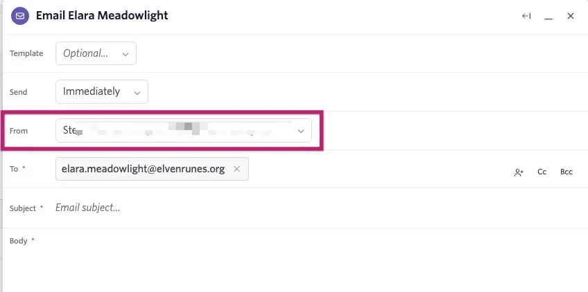 Email composer for candidate Elara Meadowlight with the From dropdown highlighted, allowing the sender to select which authorized email address to send from. Email composer for candidate Elara Meadowlight with the From dropdown highlighted, allowing the sender to select which authorized email address to send from.