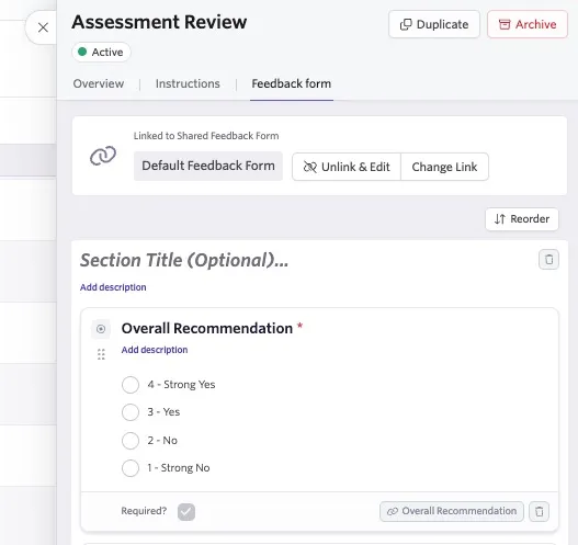 The screenshot shows an interview open on the Feedback form tab. The screenshot shows an interview open on the Feedback form tab.