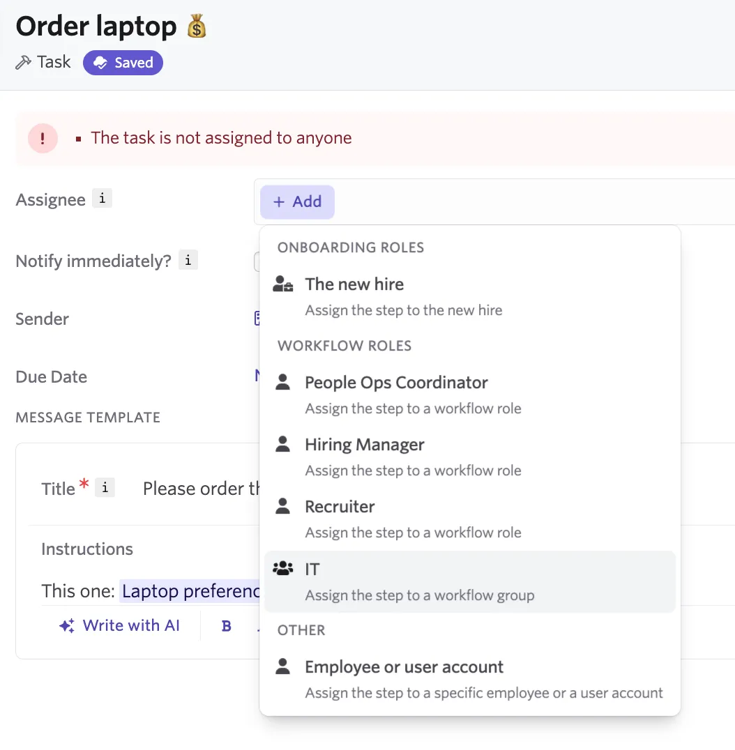 Screenshot of a workflow step with the option to add the Assignee