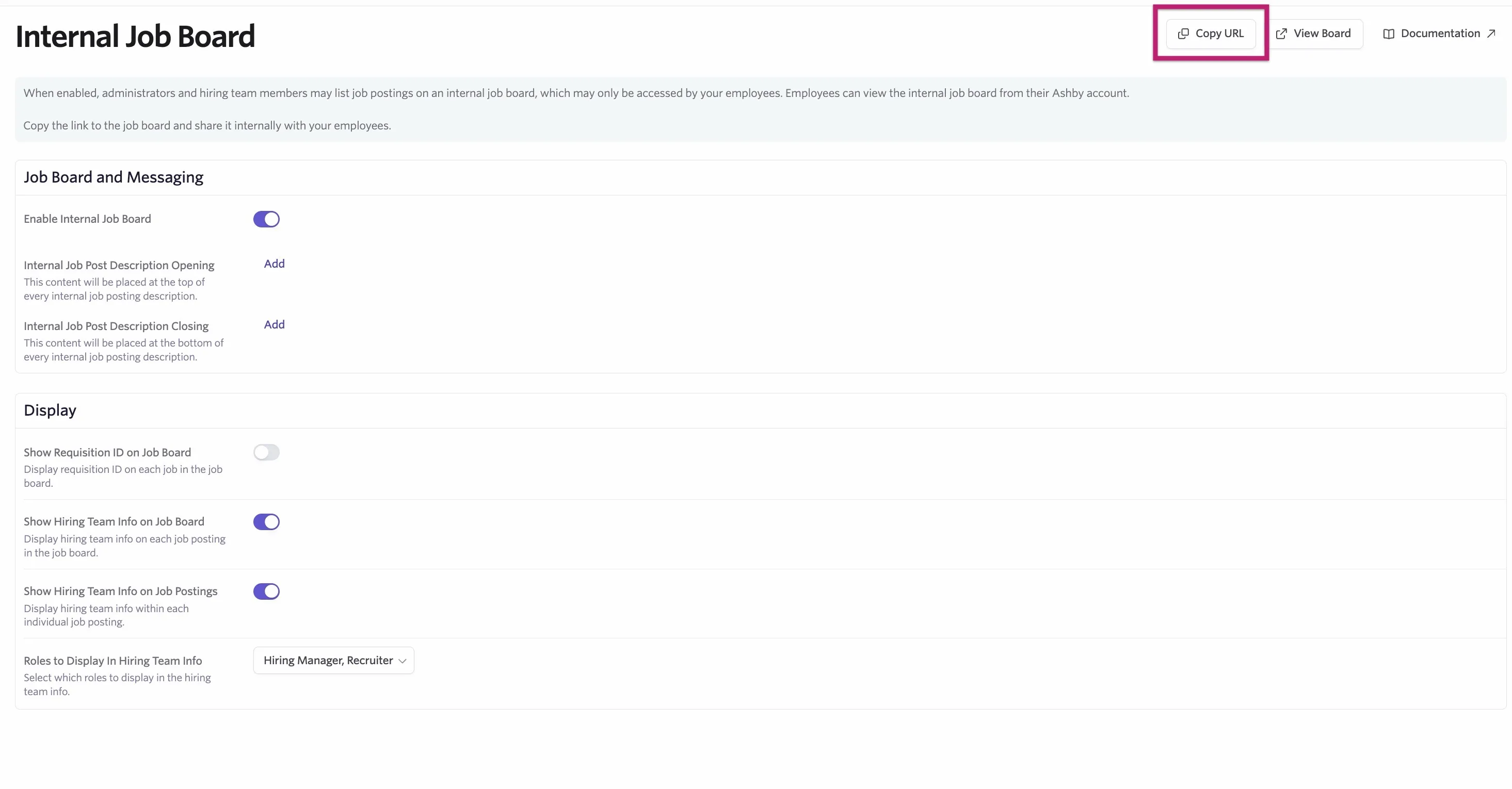 The Copy URL button on the internal job board page. The Copy URL button on the internal job board page.
