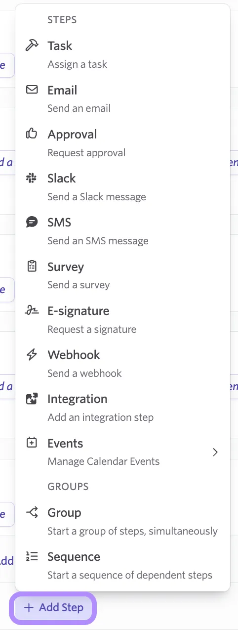 Screenshot of the Add Step panel showing available step types Screenshot of the Add Step panel showing available step types