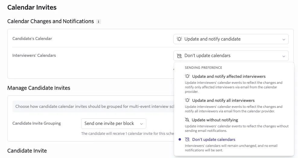 Ashby Calendar Invites settings with the interviewer calendar update menu open, showing options to notify affected or all interviewers, update without notifying, or not update their calendars.