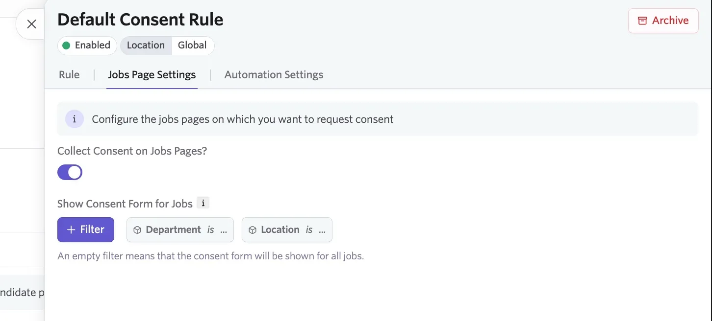 The Jobs Page Settings section of a consent rule. The Jobs Page Settings section of a consent rule.