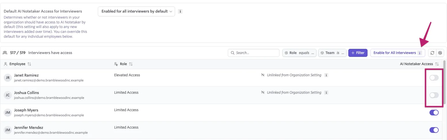 Screenshot of the interviewer list view featuring buttons to bulk Enable or Disable the AI Notetaker for all employees.