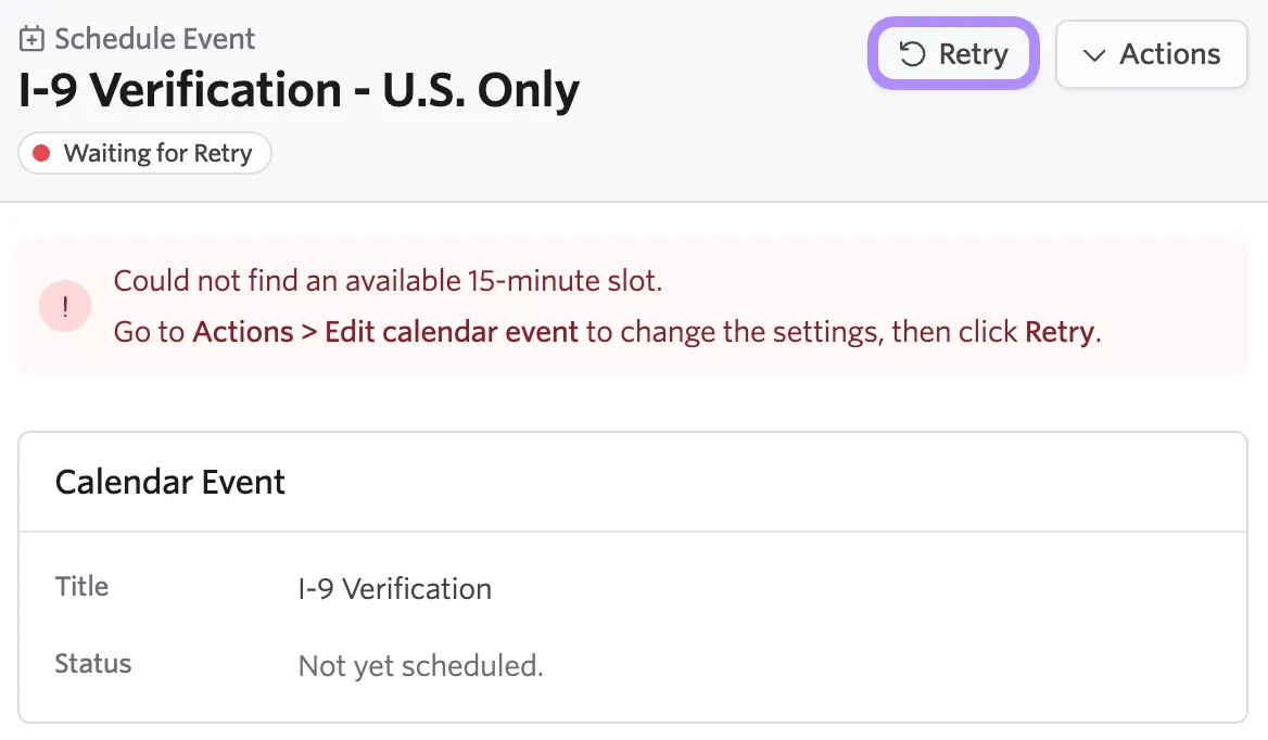 The screenshot shows the schedule event failing with the option to Retry highlighted.