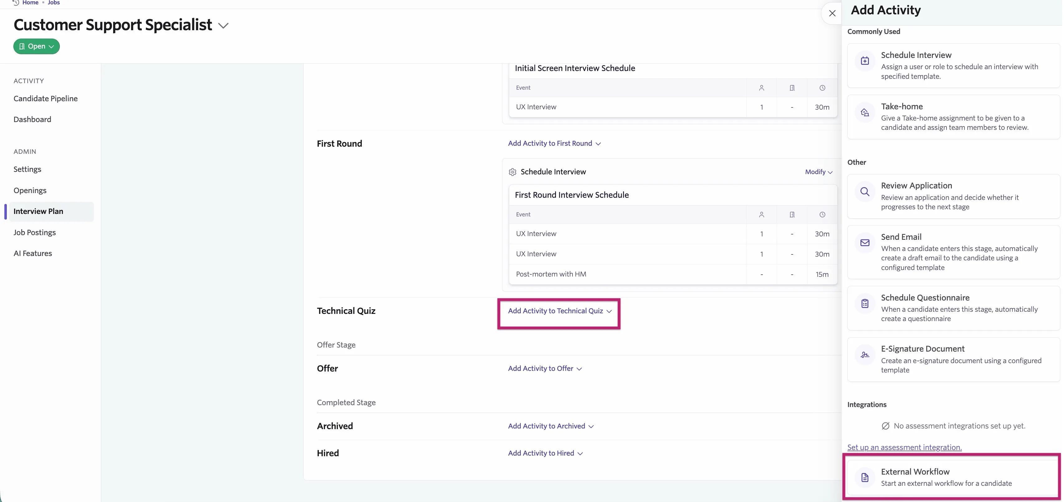 Adding an external workflow activity to an interview plan.