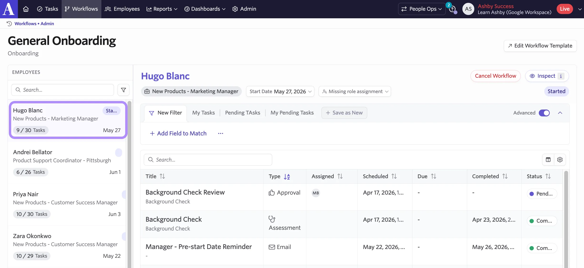 Screenshot of a new hire's Workflow Enrollment page showing the active workflow and an option to add a supplementary workflow