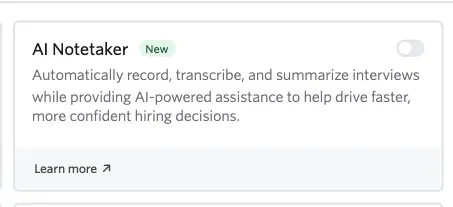 Screenshot of the Opt-In Features settings page with the AI Notetaker toggle.