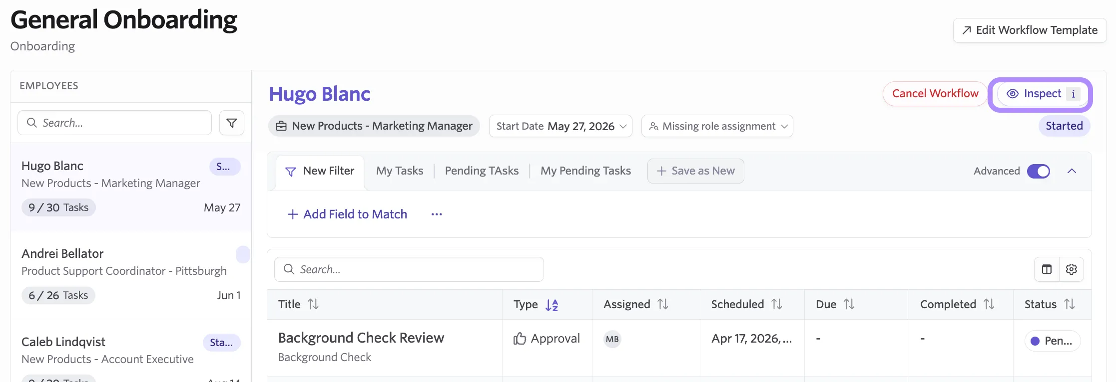 Screenshot of the Inspect option at the top right of the workflow Screenshot of the Inspect option at the top right of the workflow