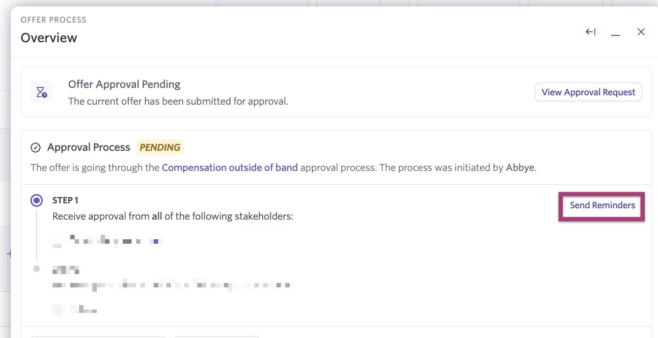 Screenshot of the Offer Overview popover with the Send Reminders button highlighted. Screenshot of the Offer Overview popover with the Send Reminders button highlighted.