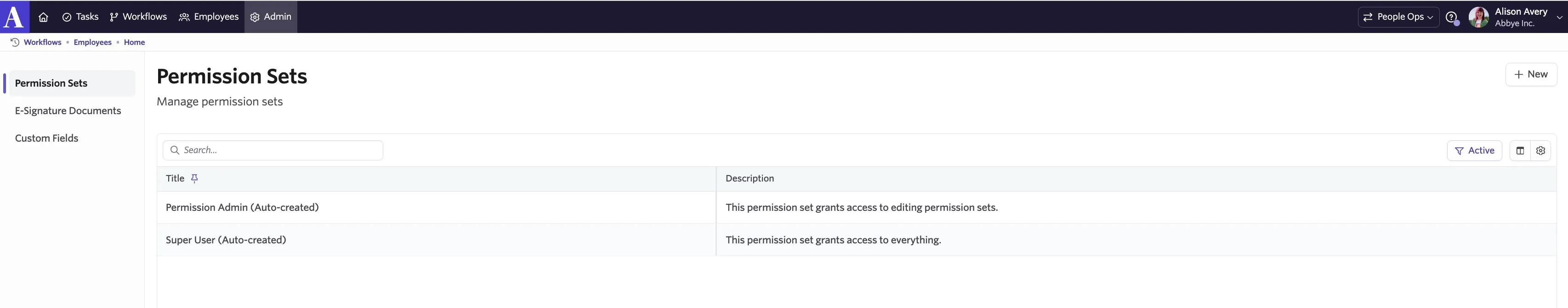 The permission sets page with the two default permission set options.