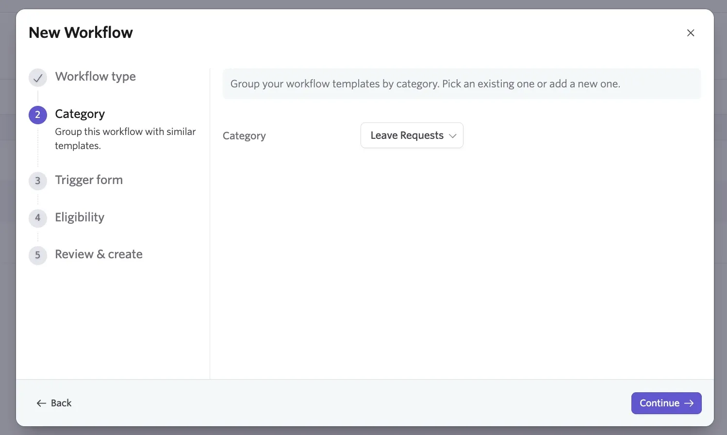 The screenshot shows the New Workflow wizard at the Category stage.